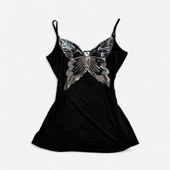 American Vintage Tops - Vintage y2k Studio Y glitter sequin butterfly fairy black tank top